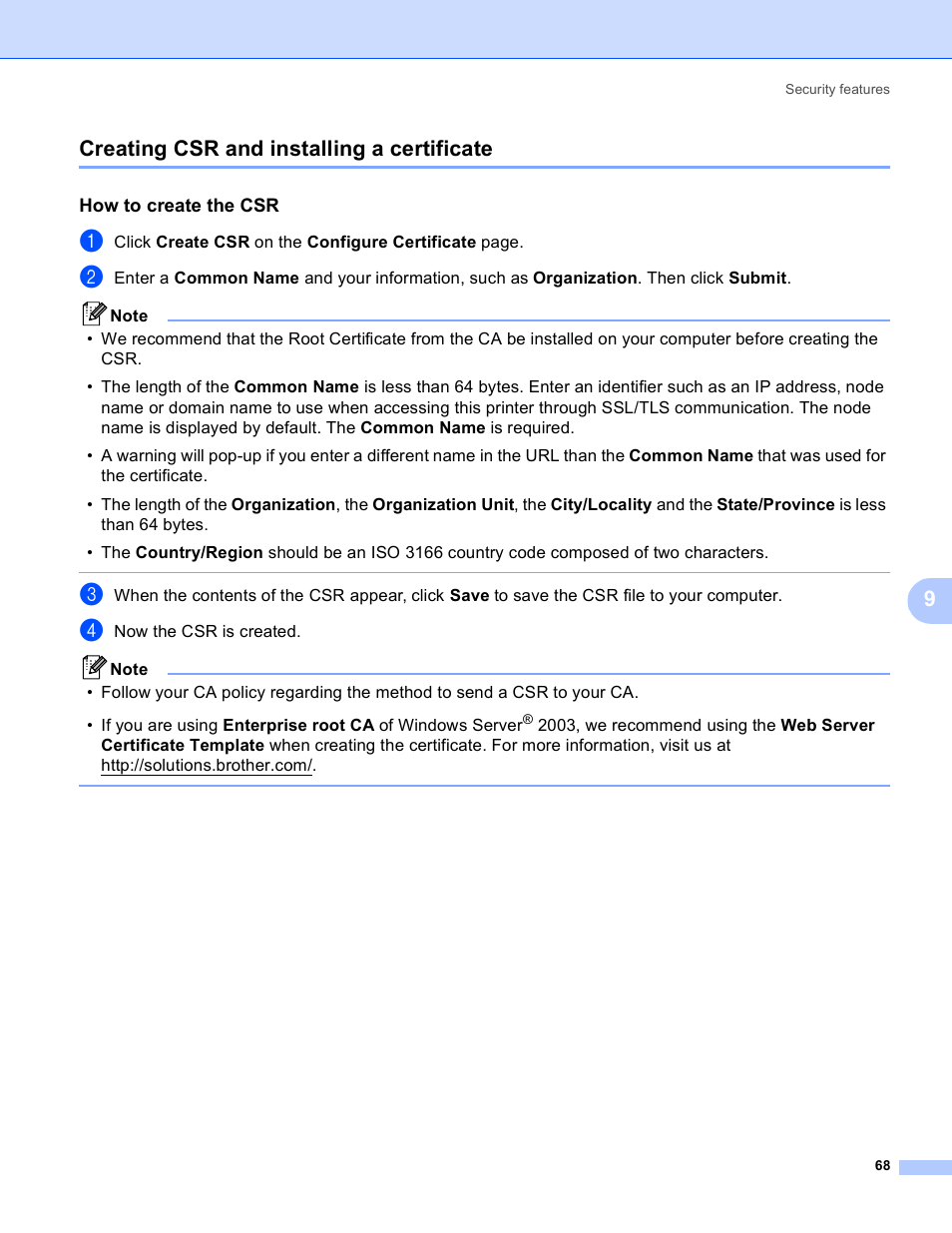 Creating csr and installing a certificate, How to create the csr, Creating csr and installing | 9creating csr and installing a certificate | Brother MFC-9440CN User Manual | Page 76 / 103