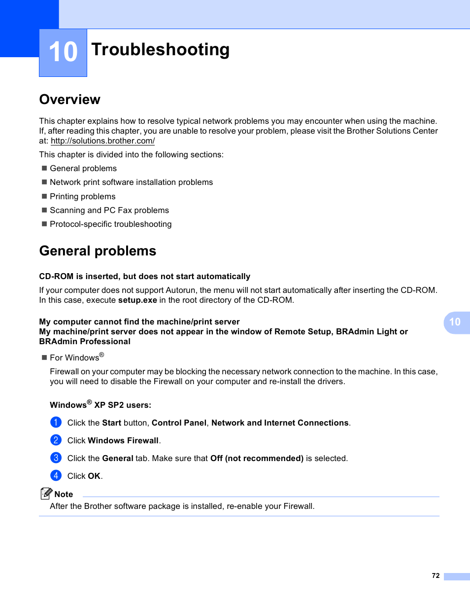 10 troubleshooting, Overview, General problems | Troubleshooting, Overview general problems | Brother MFC-9440CN User Manual | Page 80 / 103