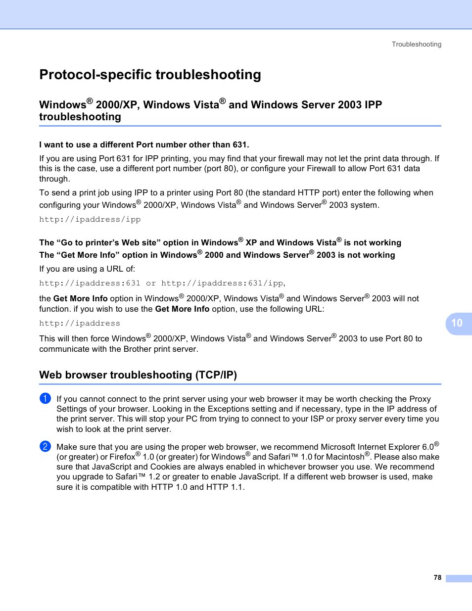 Protocol-specific troubleshooting, Web browser troubleshooting (tcp/ip), Windows | 2000/xp, windows vista, And windows server 2003 ipp troubleshooting | Brother MFC-9440CN User Manual | Page 86 / 103