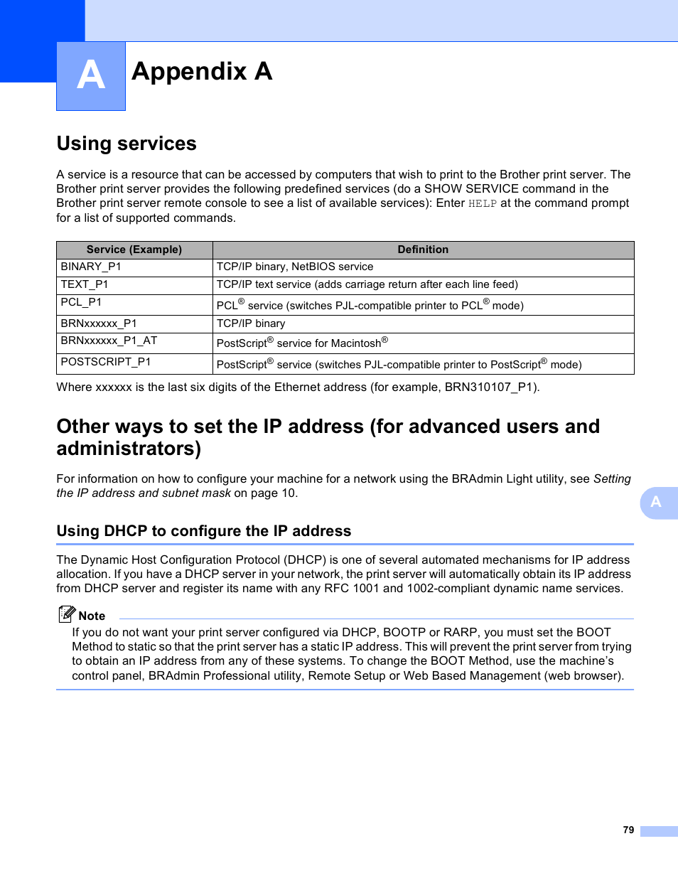 Appendix a, Using services, Using dhcp to configure the ip address | Brother MFC-9440CN User Manual | Page 87 / 103