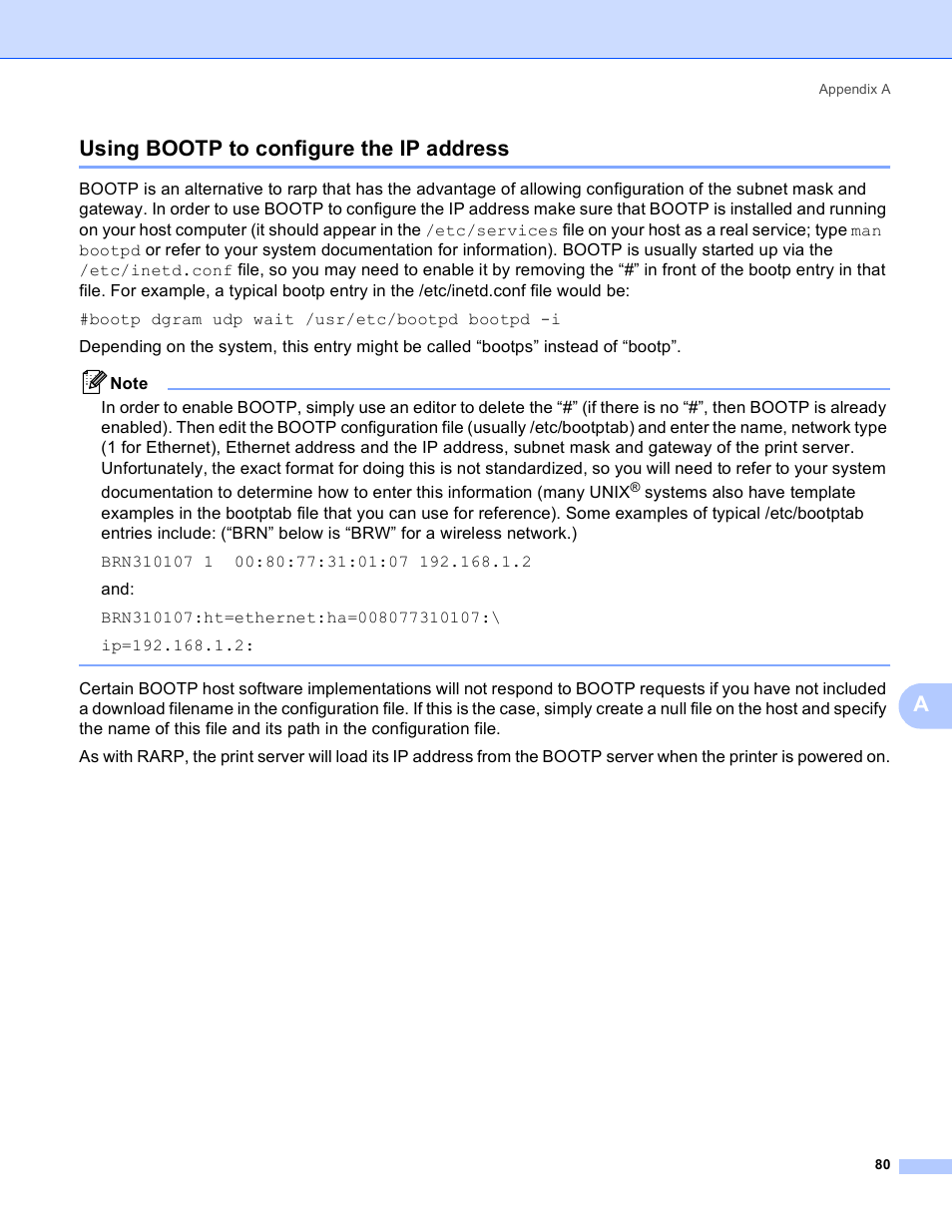 Using bootp to configure the ip address, Ausing bootp to configure the ip address | Brother MFC-9440CN User Manual | Page 88 / 103