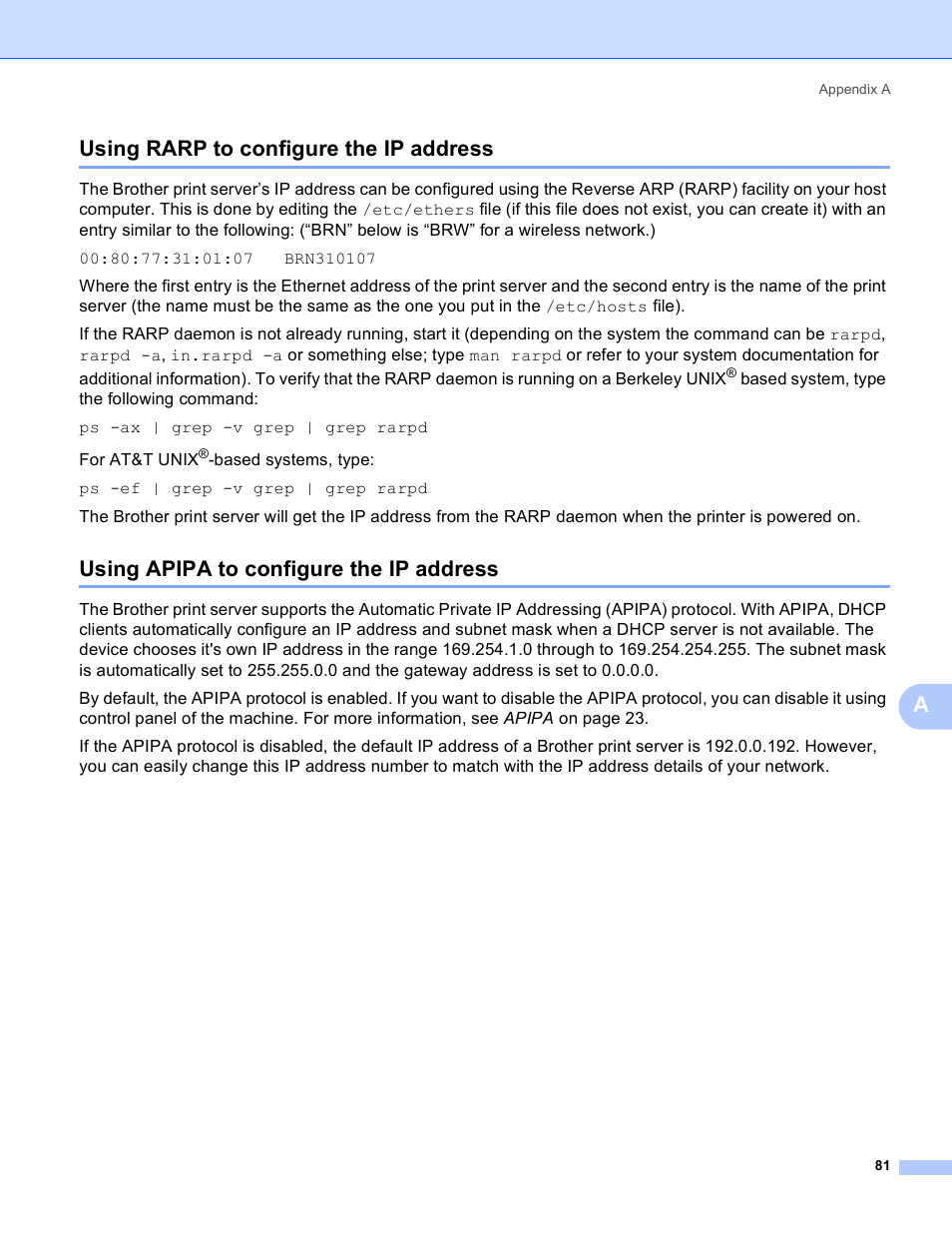 Using rarp to configure the ip address, Using apipa to configure the ip address, Ausing rarp to configure the ip address | Brother MFC-9440CN User Manual | Page 89 / 103