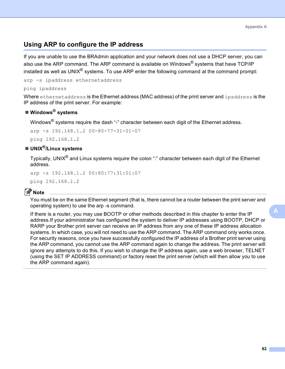 Using arp to configure the ip address, Ausing arp to configure the ip address | Brother MFC-9440CN User Manual | Page 90 / 103