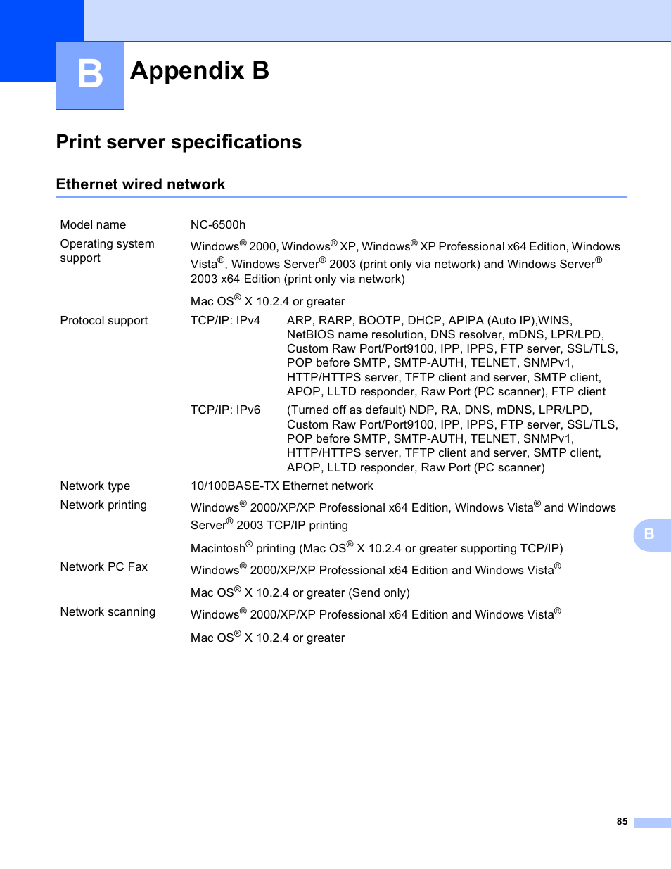 Appendix b, Print server specifications, Ethernet wired network | Brother MFC-9440CN User Manual | Page 93 / 103