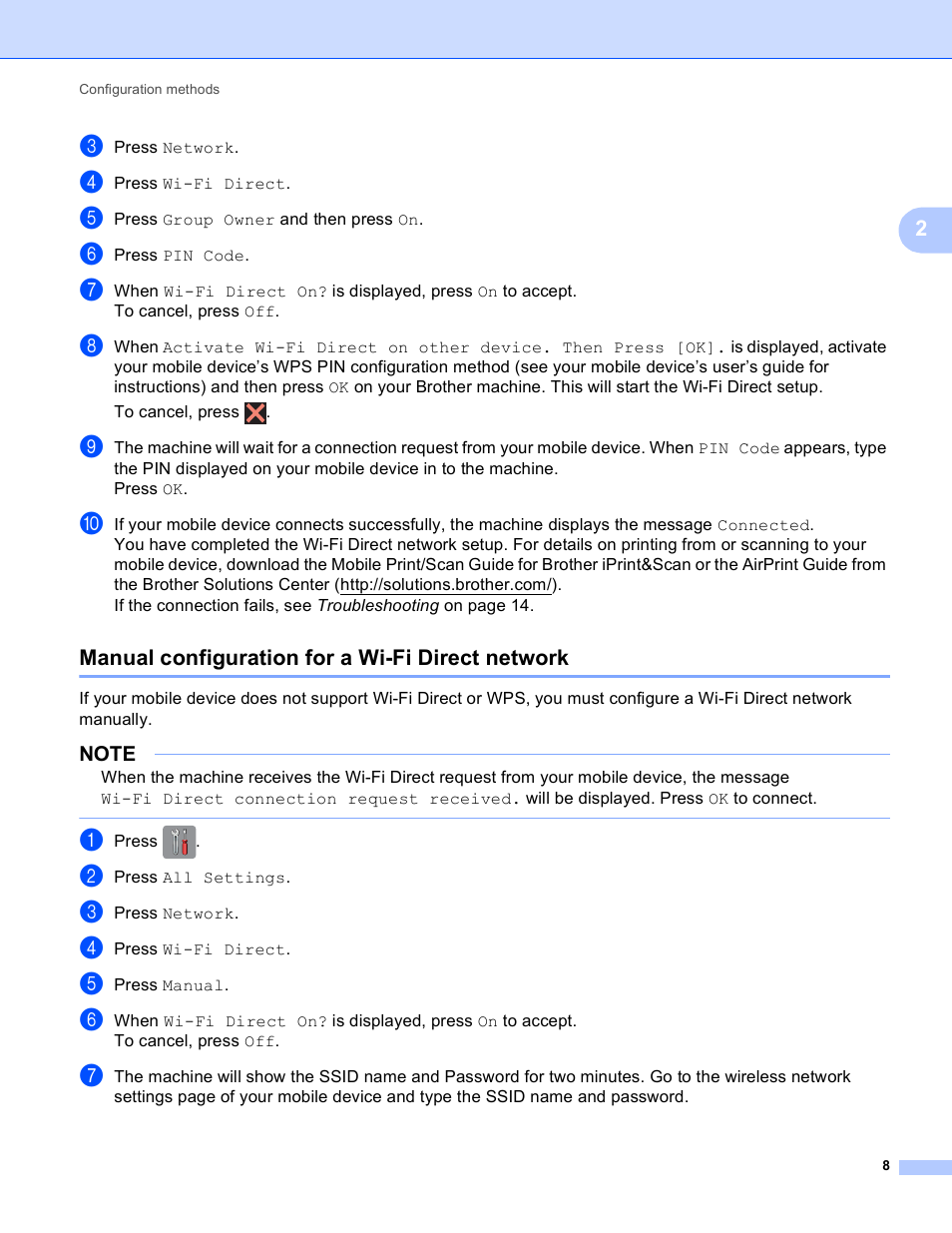 Manual configuration for a wi-fi direct network | Brother MFC-J4710DW User Manual | Page 11 / 22