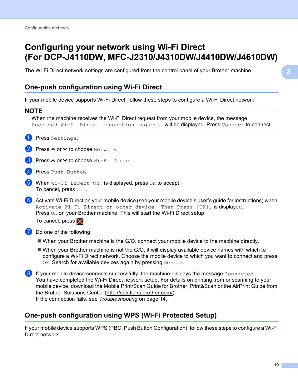 One-push configuration using wi-fi direct, Configuring your network using wi-fi direct | Brother MFC-J4710DW User Manual | Page 13 / 22