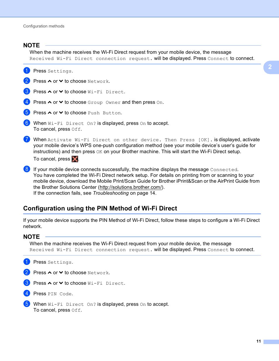 Configuration using the pin method of wi-fi direct | Brother MFC-J4710DW User Manual | Page 14 / 22