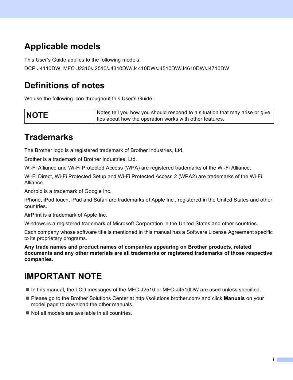 Applicable models, Definitions of notes, Trademarks | Important note | Brother MFC-J4710DW User Manual | Page 2 / 22