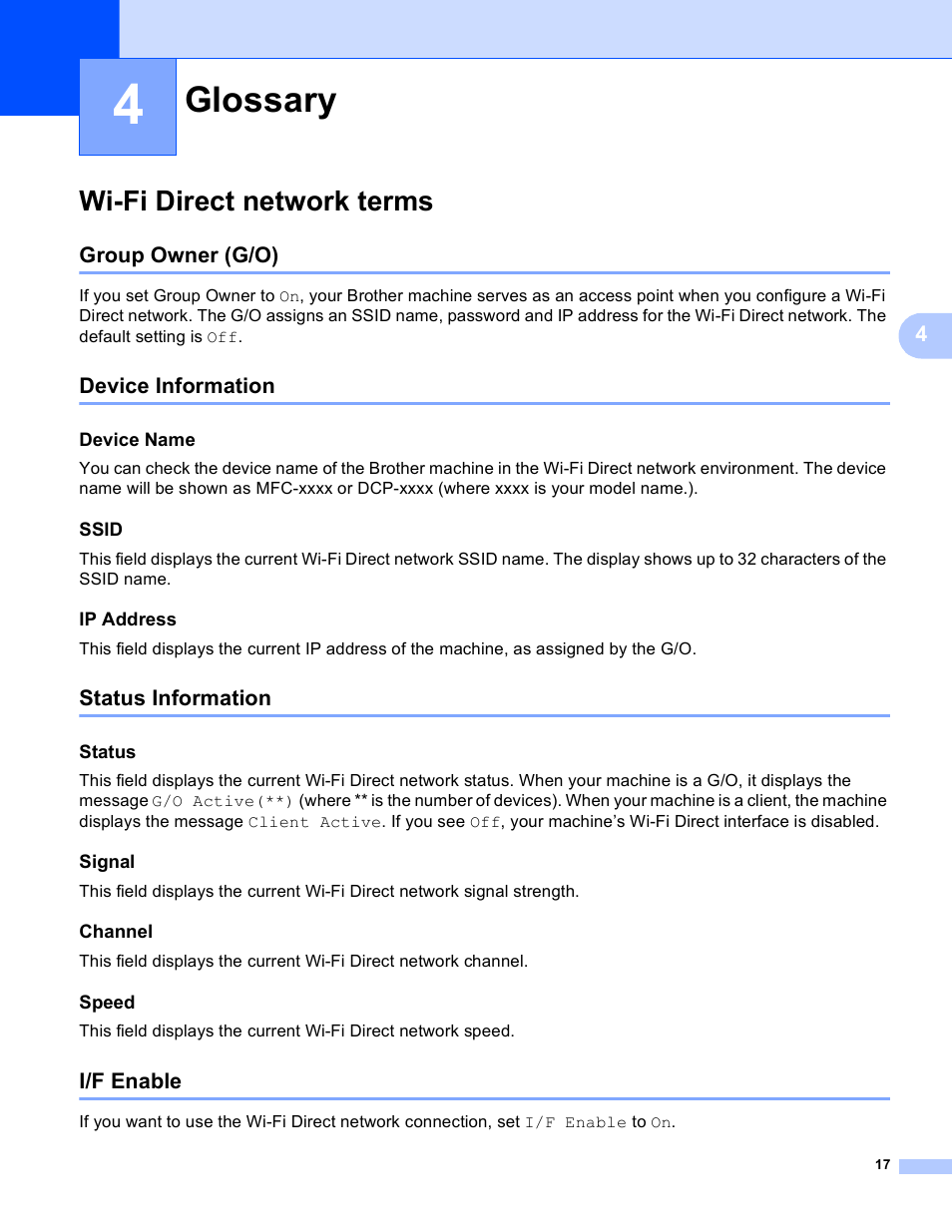 4 glossary, Wi-fi direct network terms, Group owner (g/o) | Device information, Device name, Ssid, Ip address, Status information, Status, Signal | Brother MFC-J4710DW User Manual | Page 20 / 22