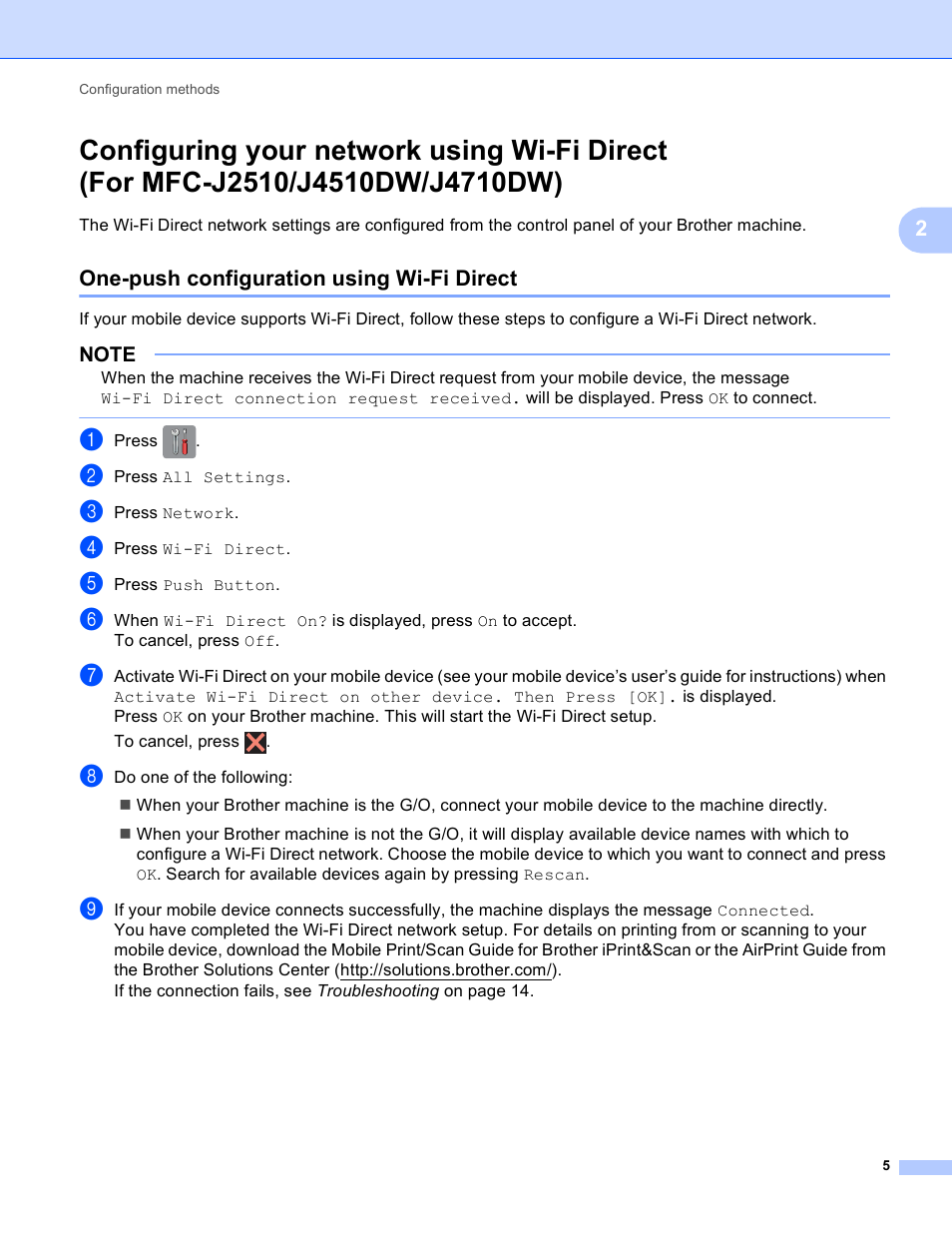 One-push configuration using wi-fi direct | Brother MFC-J4710DW User Manual | Page 8 / 22