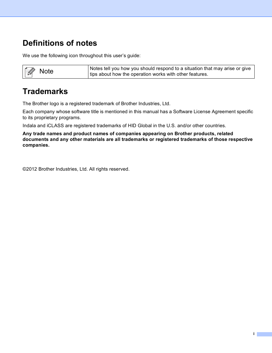 Definitions of notes, Trademarks | Brother HL-S7000DN User Manual | Page 2 / 9