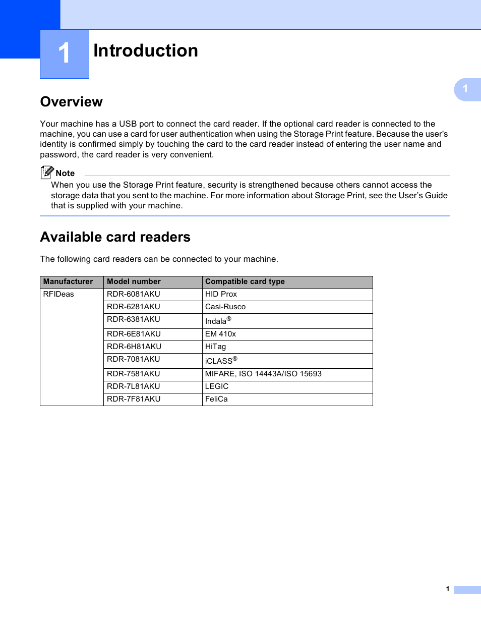 1 introduction, Overview, Available card readers | Introduction, Overview available card readers | Brother HL-S7000DN User Manual | Page 4 / 9
