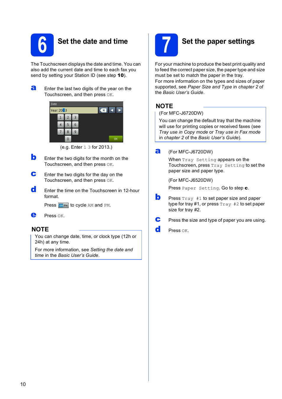 6 set the date and time, 7 set the paper settings | Brother MFC-J6720DW User Manual | Page 10 / 46