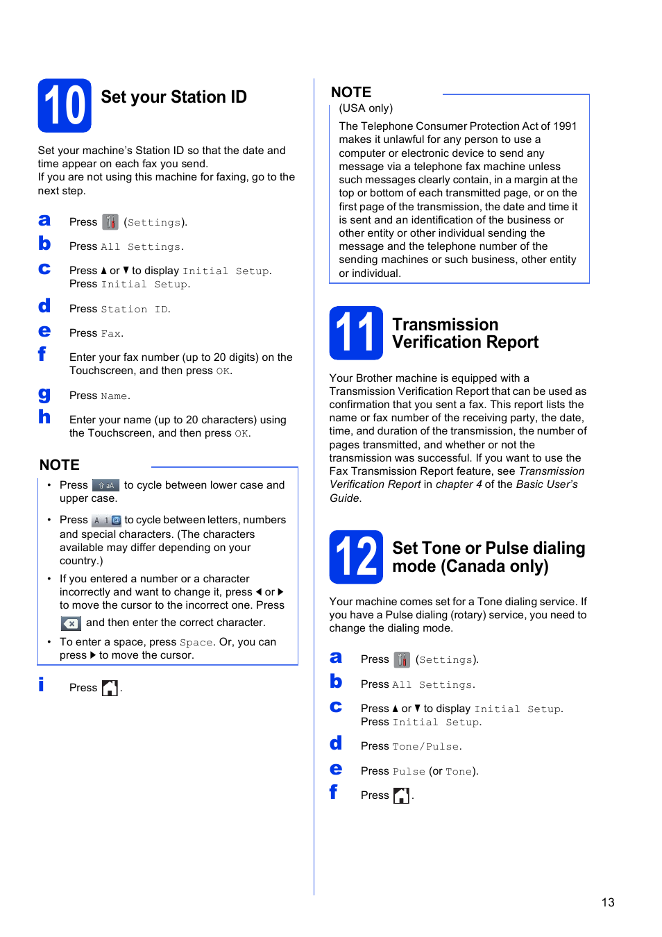 10 set your station id, 11 transmission verification report, 12 set tone or pulse dialing mode (canada only) | Brother MFC-J6720DW User Manual | Page 13 / 46