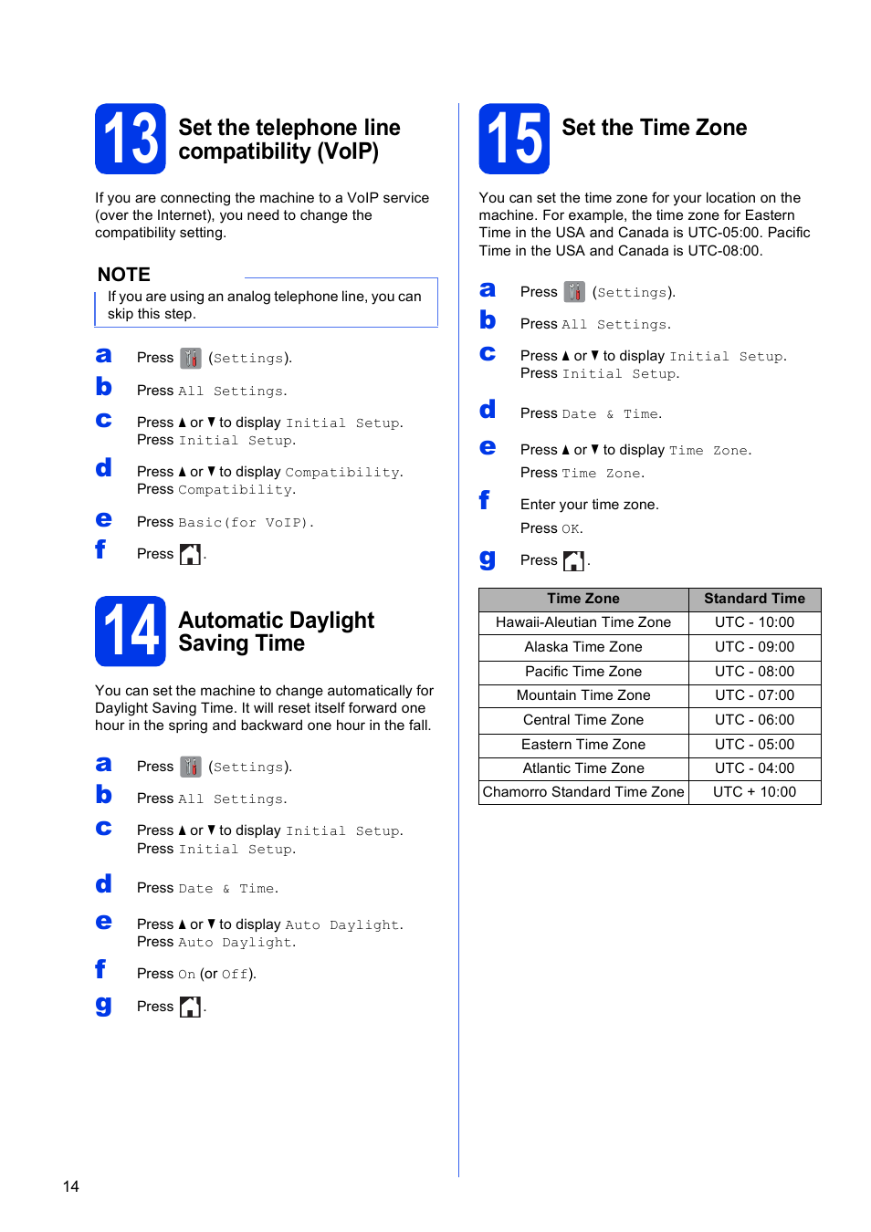 13 set the telephone line compatibility (voip), 14 automatic daylight saving time, 15 set the time zone | Brother MFC-J6720DW User Manual | Page 14 / 46