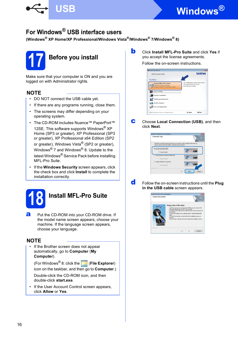 17 before you install, 18 install mfl-pro suite, Windows | For windows, Usb interface users, Before you install, Install mfl-pro suite | Brother MFC-J6720DW User Manual | Page 16 / 46