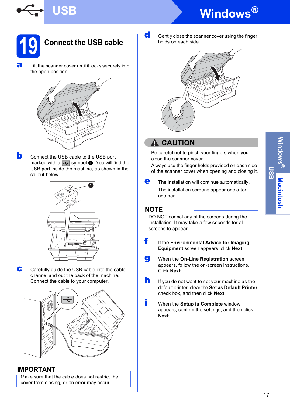 19 connect the usb cable, Windows | Brother MFC-J6720DW User Manual | Page 17 / 46