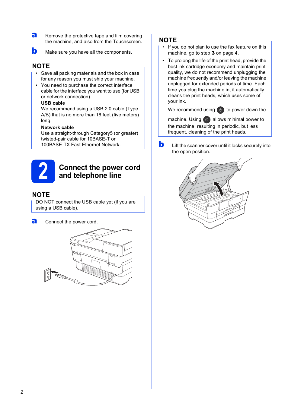 2 connect the power cord and telephone line, Connect the power cord and telephone line | Brother MFC-J6720DW User Manual | Page 2 / 46