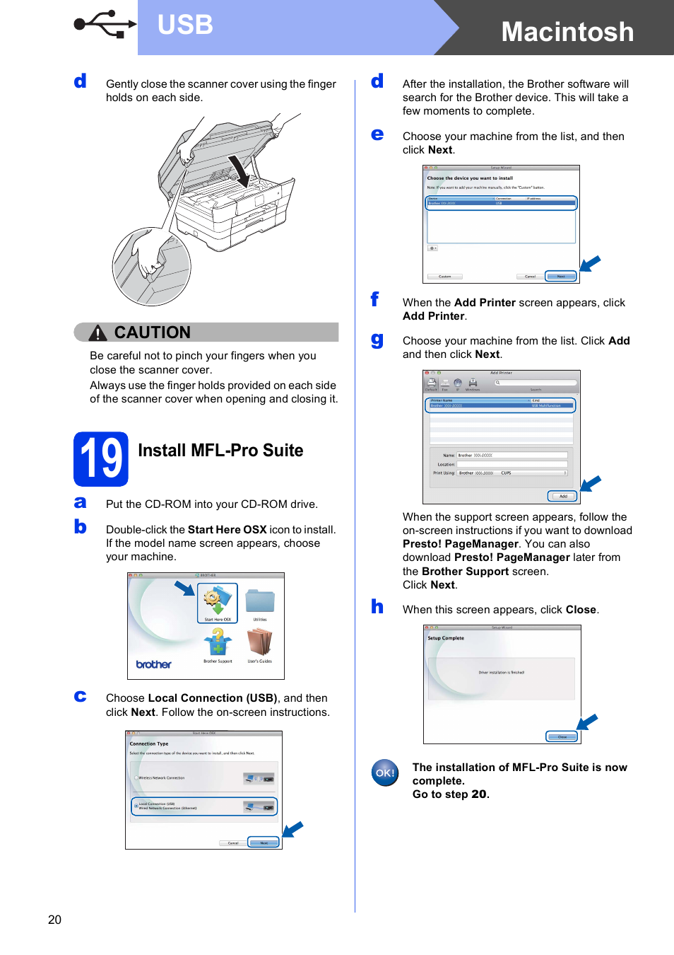 19 install mfl-pro suite, Macintosh usb | Brother MFC-J6720DW User Manual | Page 20 / 46