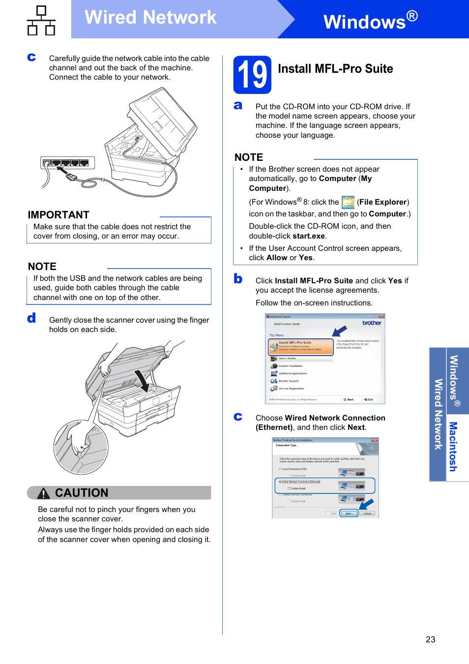 19 install mfl-pro suite, Windows, Wired network | Brother MFC-J6720DW User Manual | Page 23 / 46