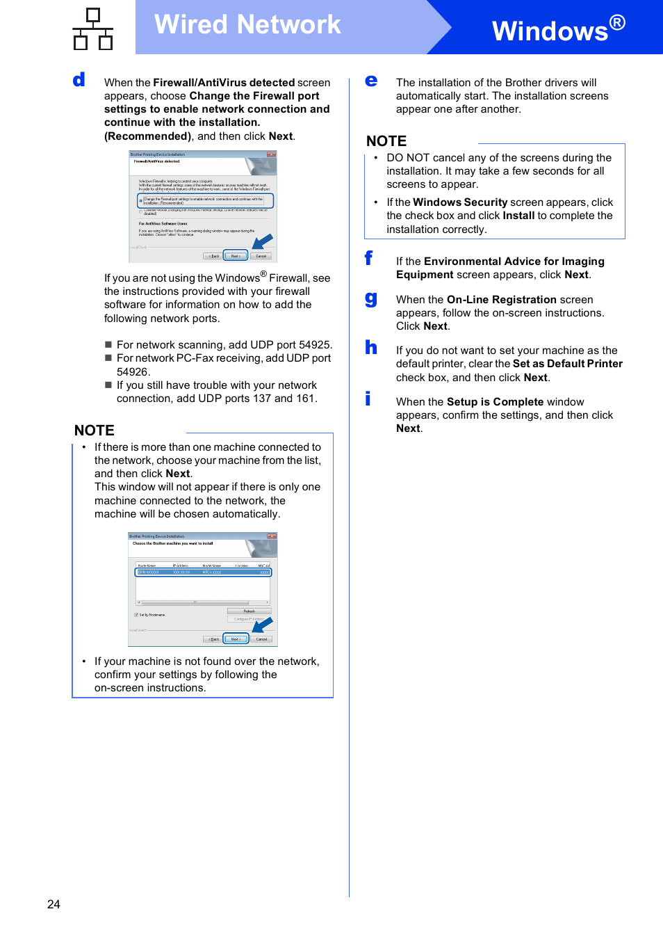 Windows, Wired network | Brother MFC-J6720DW User Manual | Page 24 / 46