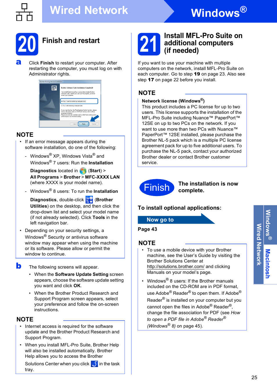 20 finish and restart, Windows, Wired network | Finish, Finish and restart | Brother MFC-J6720DW User Manual | Page 25 / 46