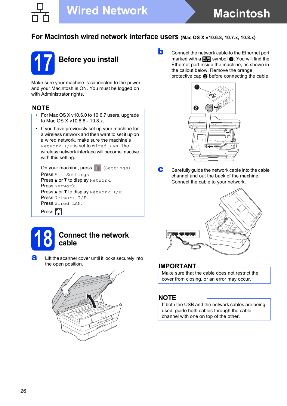 17 before you install, 18 connect the network cable, Macintosh wired network | Brother MFC-J6720DW User Manual | Page 26 / 46