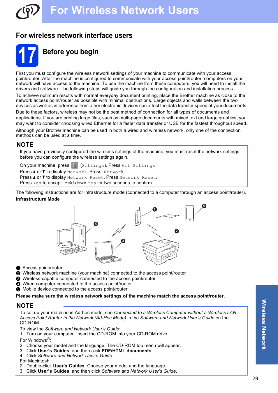 For wireless network interface users, 17 before you begin, For wireless network users | Before you begin | Brother MFC-J6720DW User Manual | Page 29 / 46