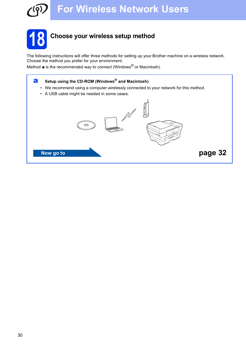 18 choose your wireless setup method, For wireless network users, Page 32 | Brother MFC-J6720DW User Manual | Page 30 / 46