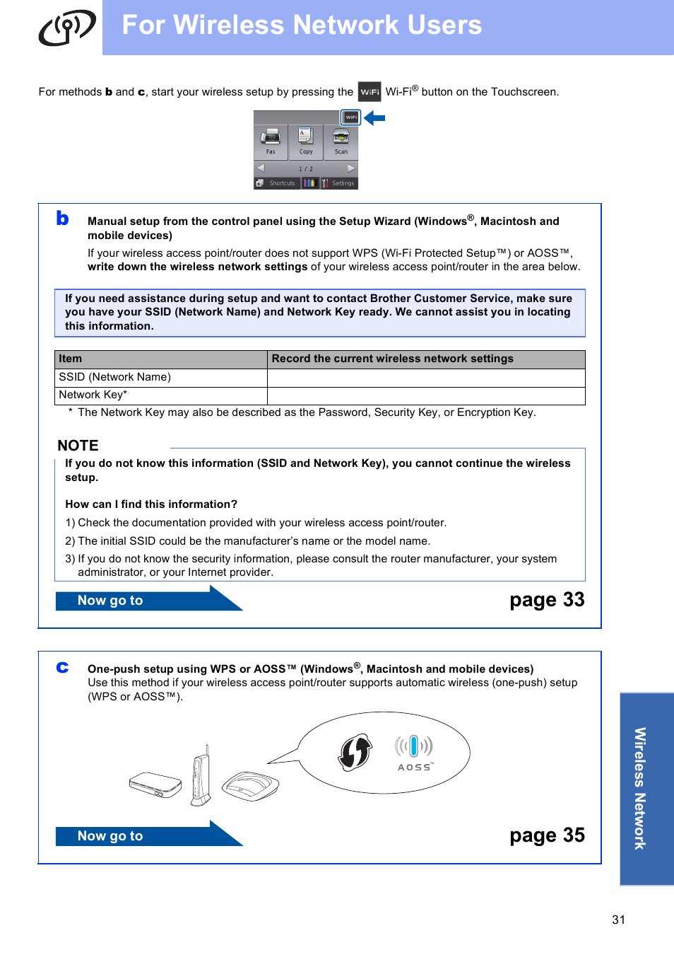 For wireless network users, Page 33 c, Page 35 | Brother MFC-J6720DW User Manual | Page 31 / 46