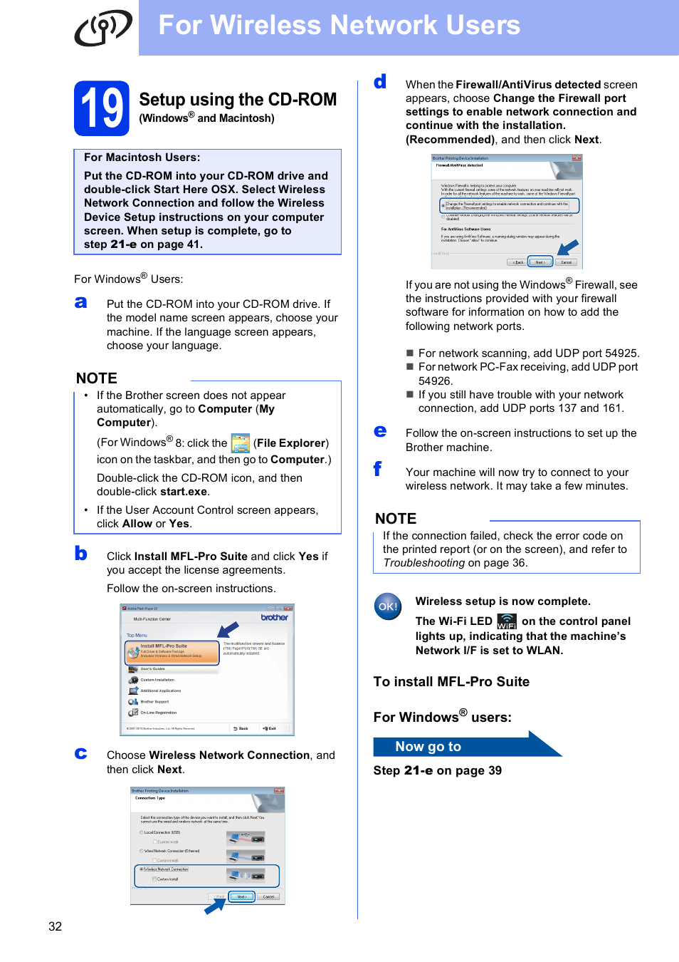 19 setup using the cd-rom (windows® and macintosh), For wireless network users, Setup using the cd-rom | Brother MFC-J6720DW User Manual | Page 32 / 46