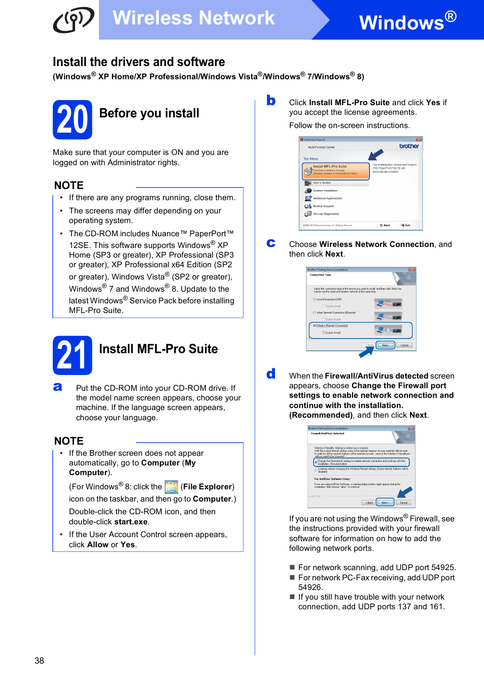 20 before you install, 21 install mfl-pro suite, Windows | Wireless network, Install the drivers and software, Before you install, Install mfl-pro suite | Brother MFC-J6720DW User Manual | Page 38 / 46