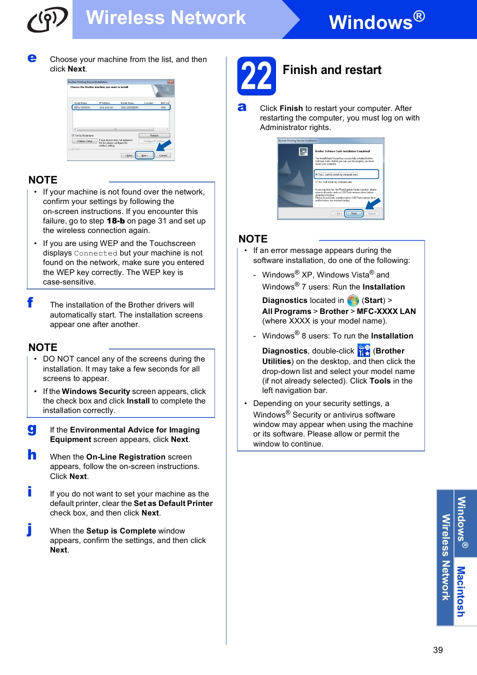 22 finish and restart, Windows, Wireless network | Finish and restart | Brother MFC-J6720DW User Manual | Page 39 / 46