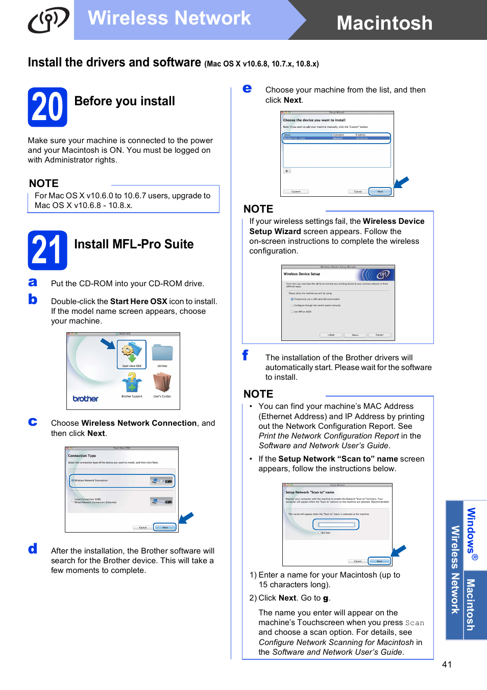 20 before you install, 21 install mfl-pro suite, Macintosh wireless network | Brother MFC-J6720DW User Manual | Page 41 / 46