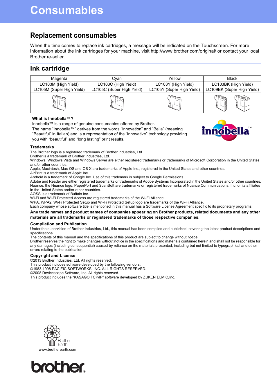 Consumables, Replacement consumables, Ink cartridge | Brother usa/can | Brother MFC-J6720DW User Manual | Page 46 / 46