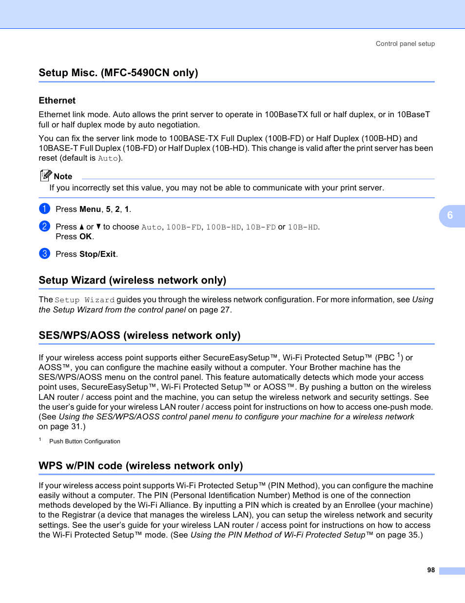 Setup misc. (mfc-5490cn only), Ethernet, Setup wizard (wireless network only) | Ses/wps/aoss (wireless network only), Wps w/pin code (wireless network only) | Brother MFC-5895CW User Manual | Page 108 / 209