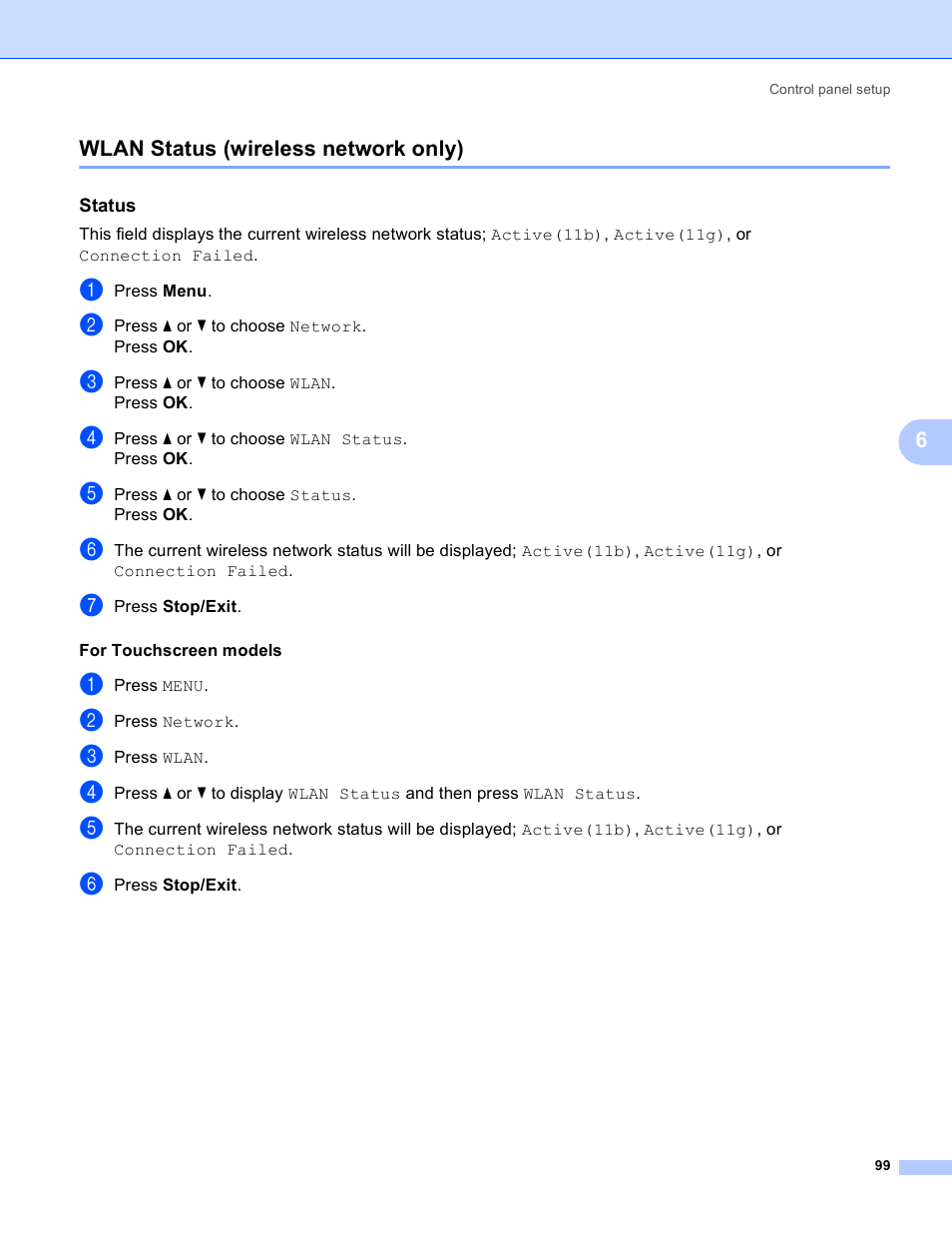Wlan status (wireless network only), Status | Brother MFC-5895CW User Manual | Page 109 / 209