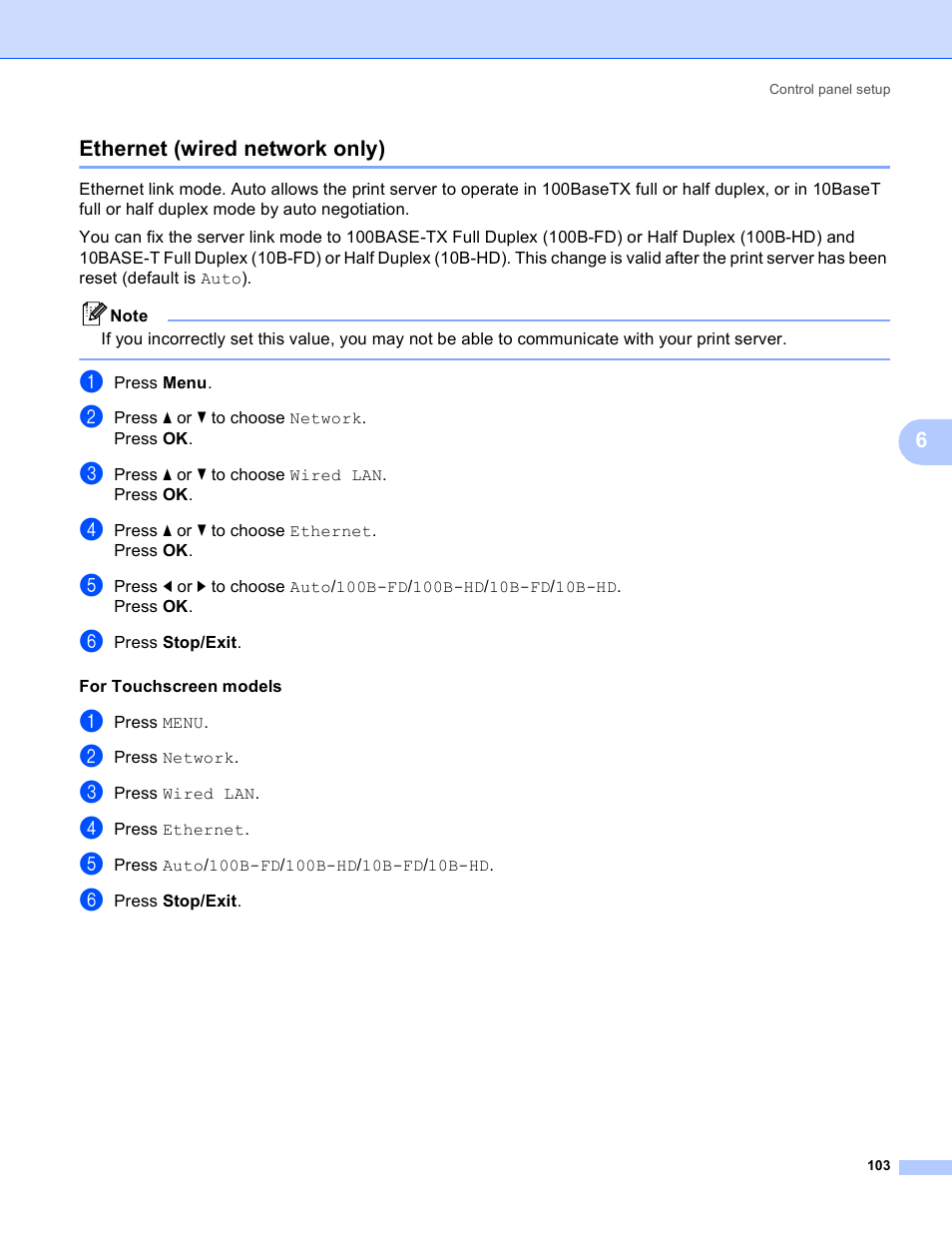 Ethernet (wired network only), 6ethernet (wired network only) | Brother MFC-5895CW User Manual | Page 113 / 209