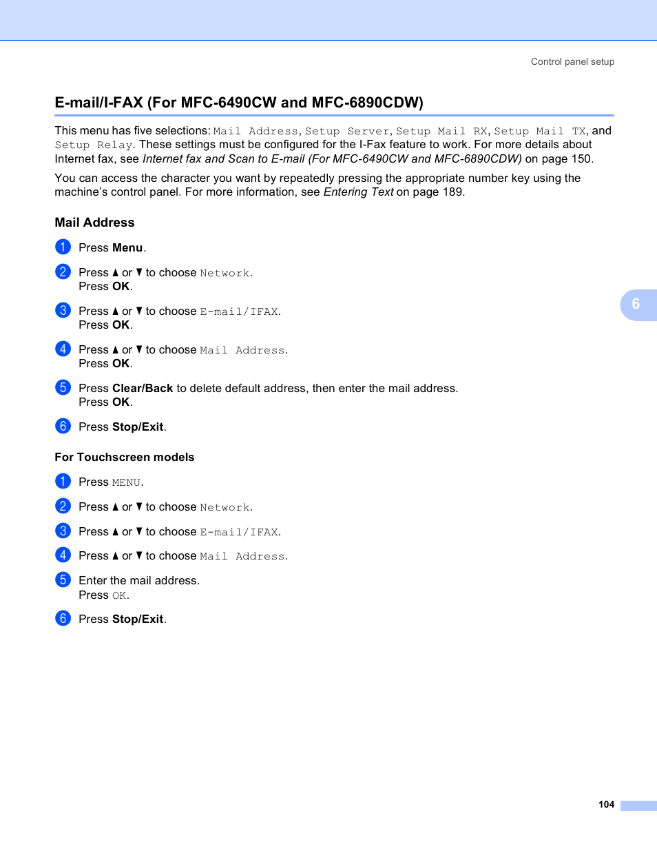 E-mail/i-fax (for mfc-6490cw and mfc-6890cdw), Mail address | Brother MFC-5895CW User Manual | Page 114 / 209