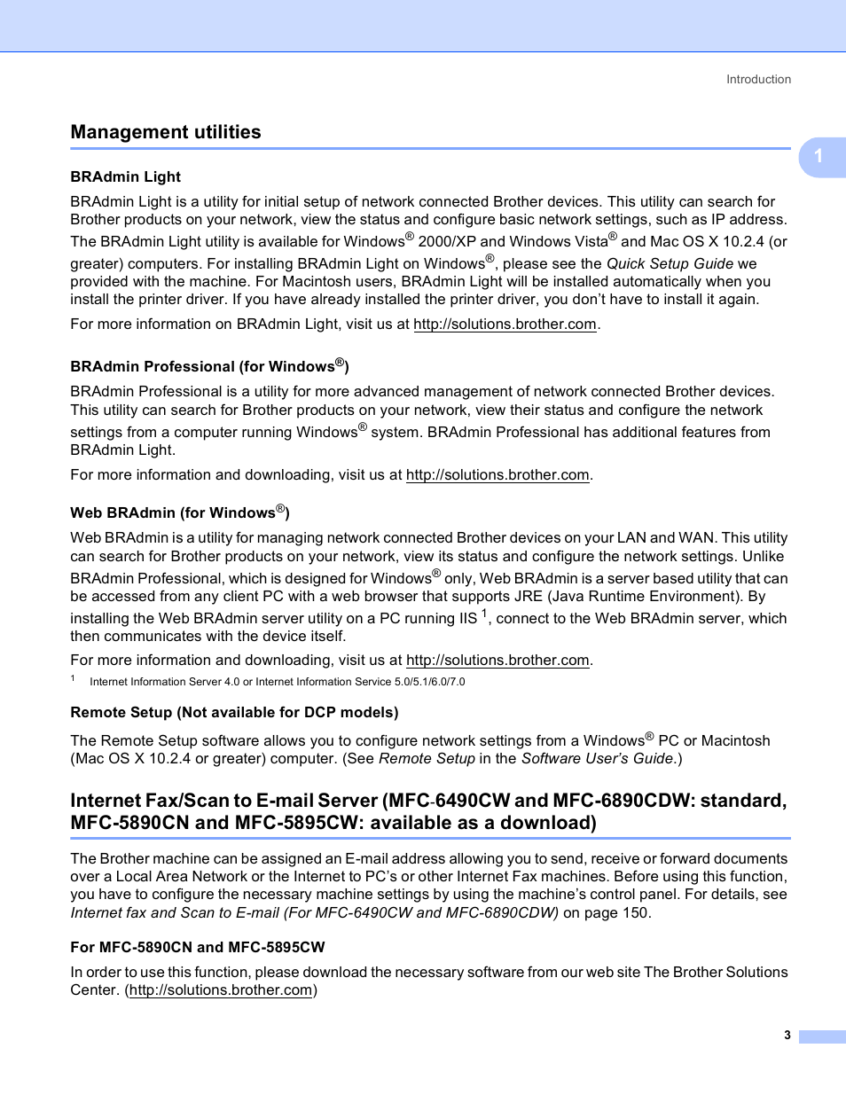 Management utilities, 1management utilities, Internet fax/scan to e-mail server (mfc | Brother MFC-5895CW User Manual | Page 13 / 209