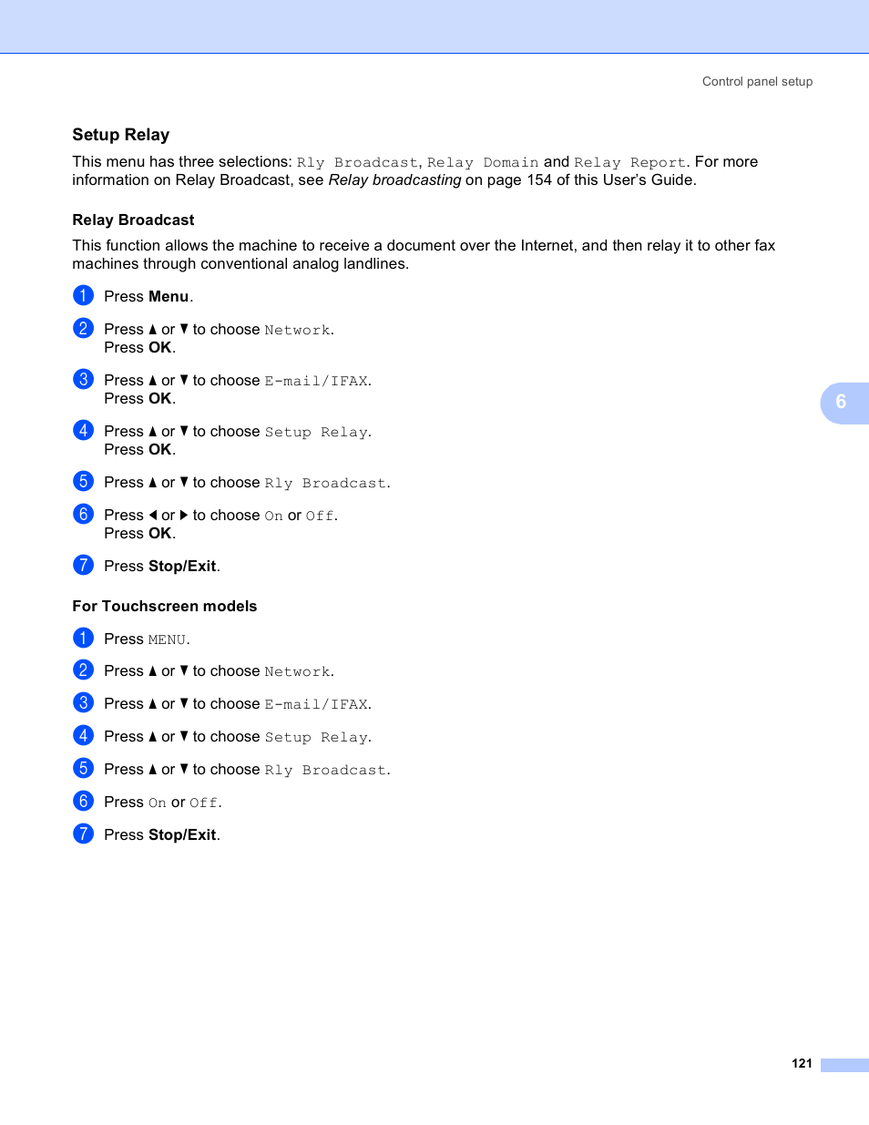 Setup relay | Brother MFC-5895CW User Manual | Page 131 / 209