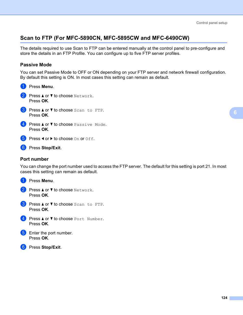 Passive mode, Port number | Brother MFC-5895CW User Manual | Page 134 / 209