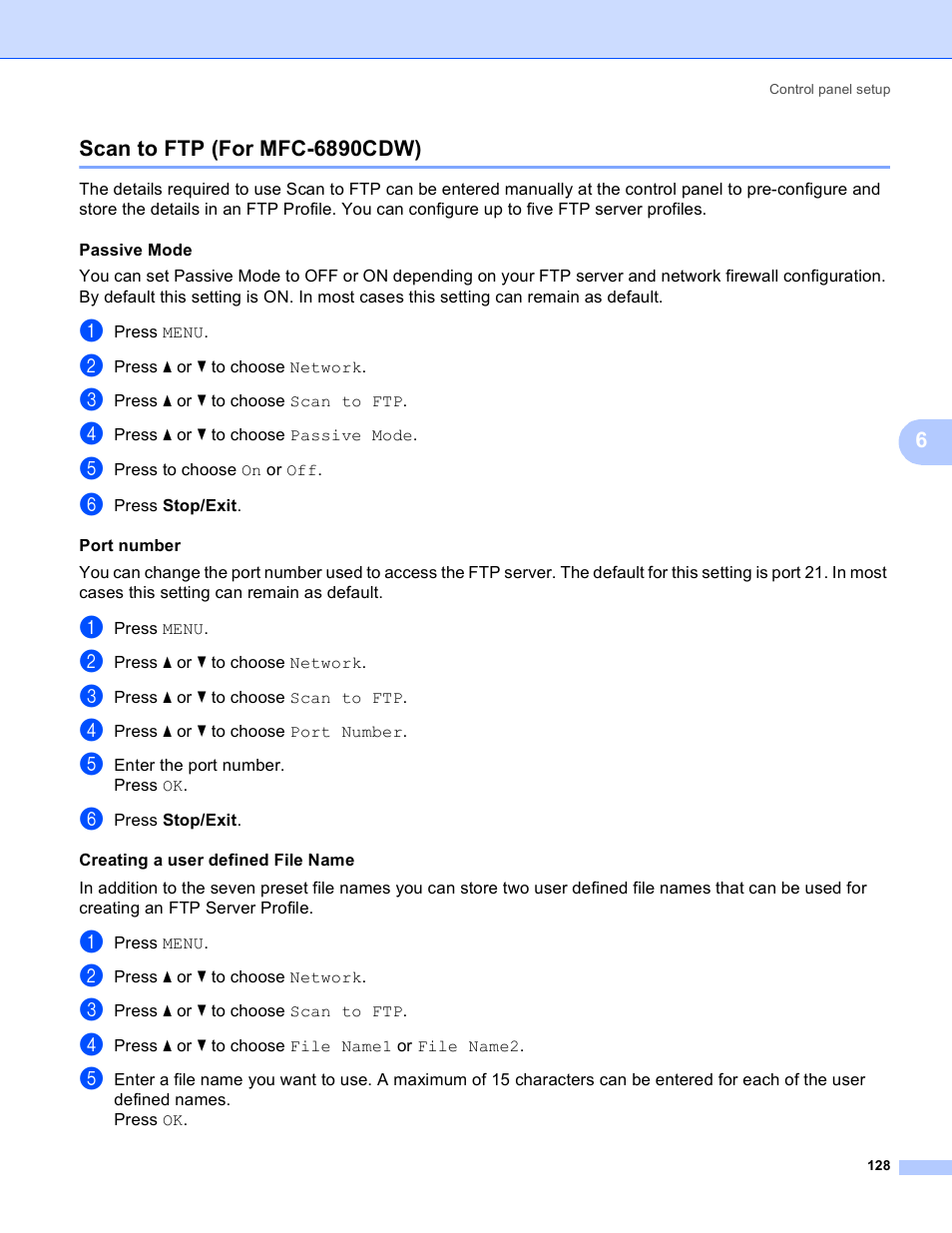 Scan to ftp (for mfc-6890cdw) | Brother MFC-5895CW User Manual | Page 138 / 209