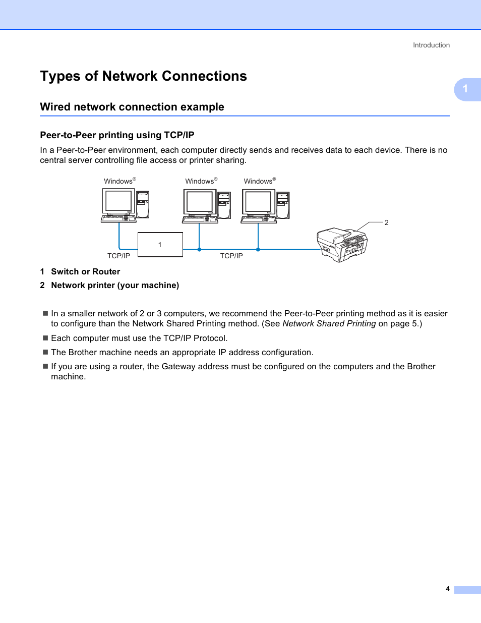 Types of network connections, Wired network connection example, Peer-to-peer printing using tcp/ip | Brother MFC-5895CW User Manual | Page 14 / 209