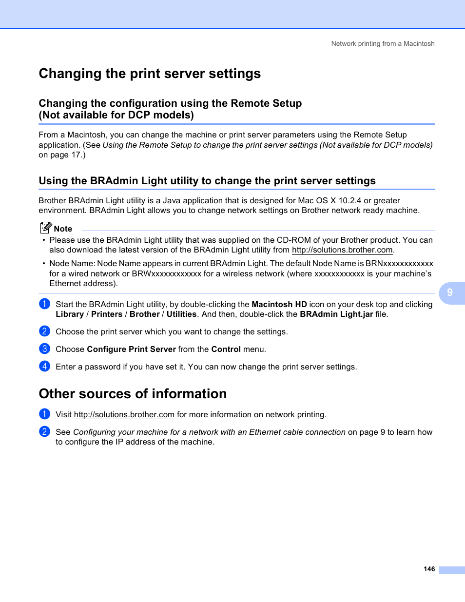 Changing the print server settings, Other sources of information | Brother MFC-5895CW User Manual | Page 156 / 209