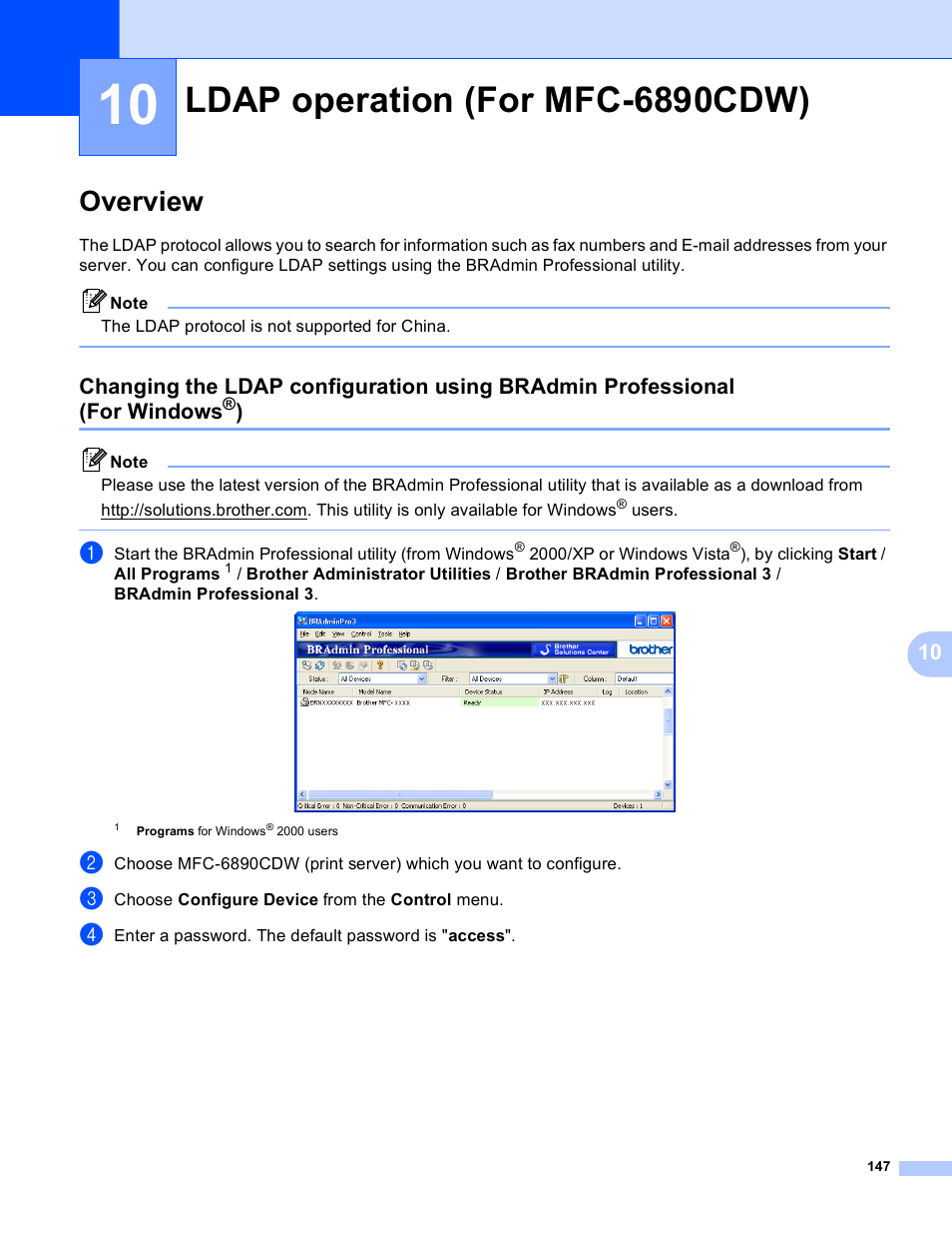10 ldap operation (for mfc-6890cdw), Overview, Ldap operation (for mfc-6890cdw) | Brother MFC-5895CW User Manual | Page 157 / 209