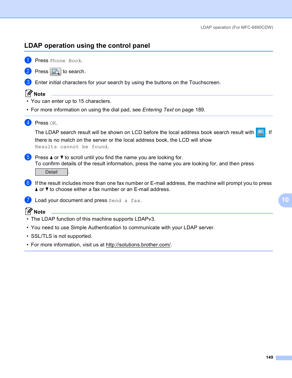 Ldap operation using the control panel, 10 ldap operation using the control panel | Brother MFC-5895CW User Manual | Page 159 / 209