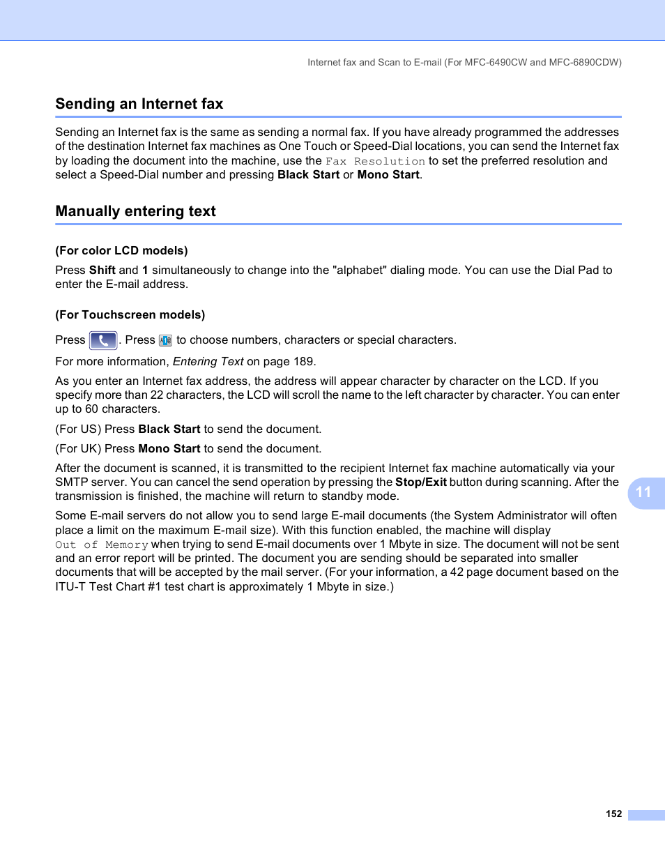 Sending an internet fax, Manually entering text, Sending an internet fax manually entering text | 11 sending an internet fax | Brother MFC-5895CW User Manual | Page 162 / 209