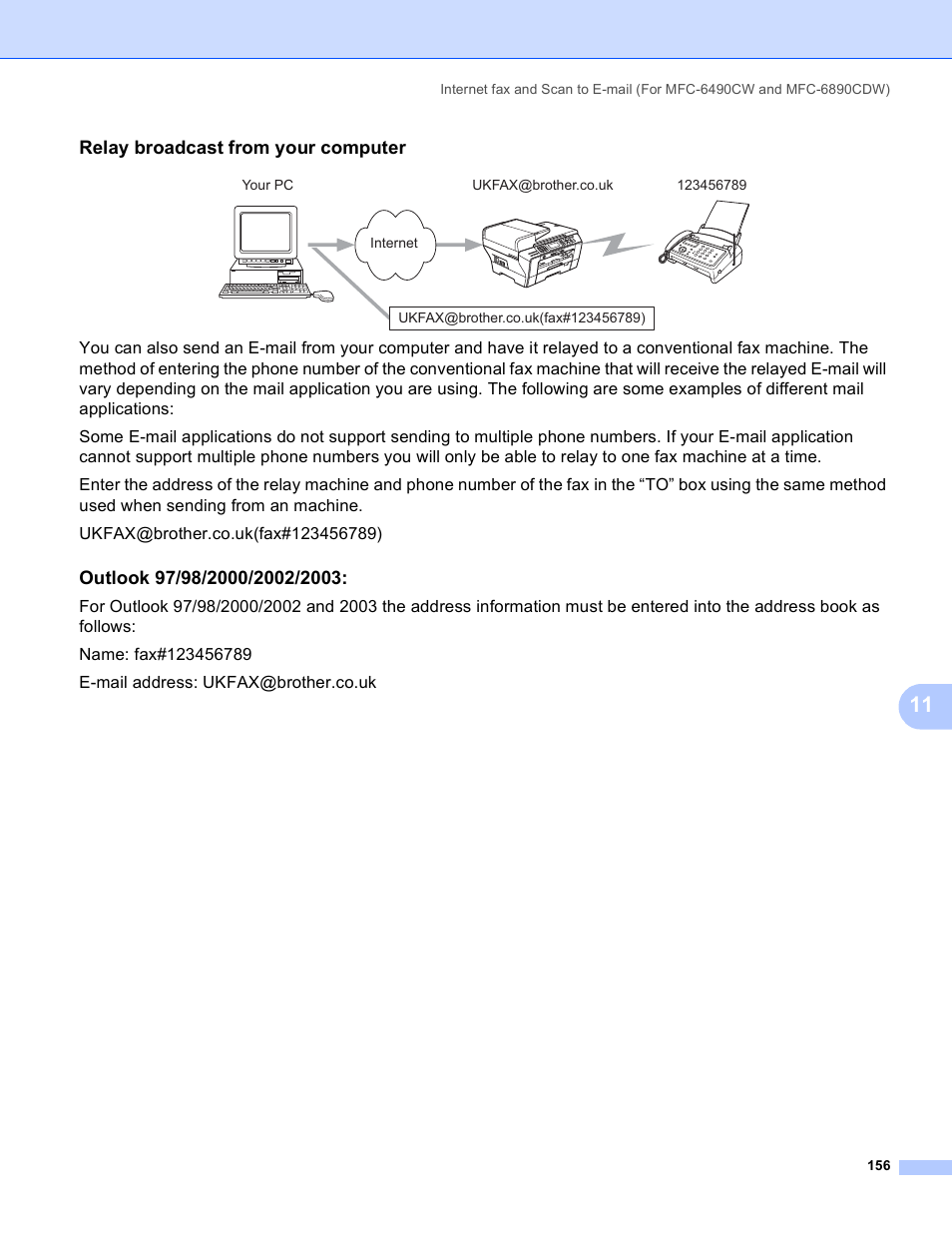 Relay broadcast from your computer, Outlook 97/98/2000/2002/2003 | Brother MFC-5895CW User Manual | Page 166 / 209