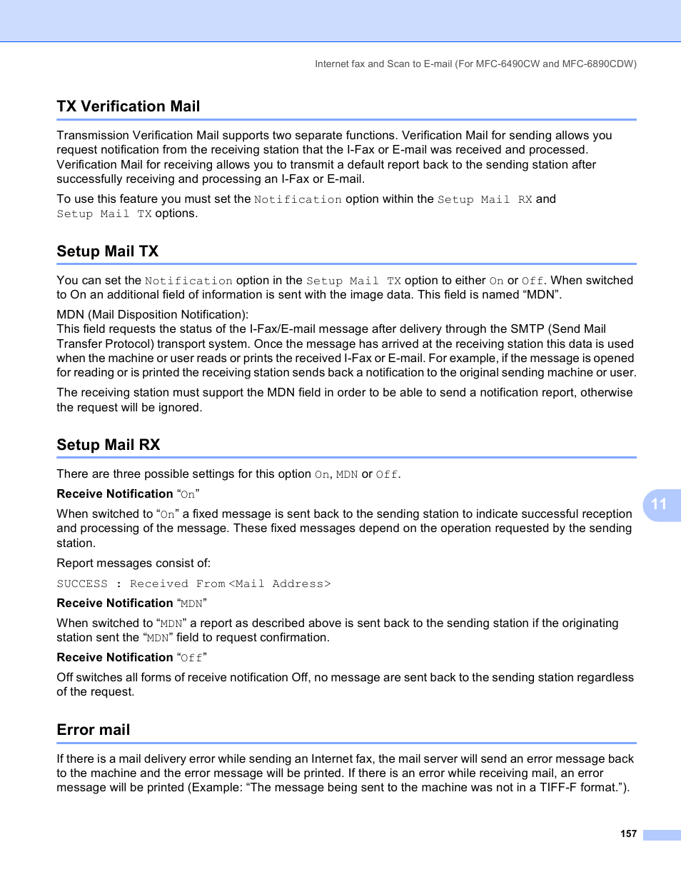 Tx verification mail, Setup mail tx, Setup mail rx | Error mail, 11 tx verification mail | Brother MFC-5895CW User Manual | Page 167 / 209
